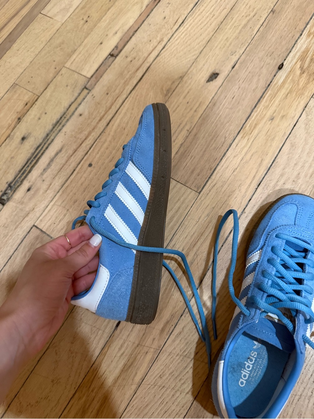 adidas Light Blue Suede Sneakers with White Stripes and Brown Sole